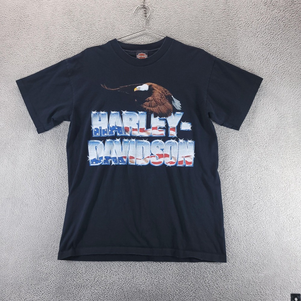 VTG Harley Davidson Shirt Mens M Black Eagle Flag Single Stitch USA Motorcycle